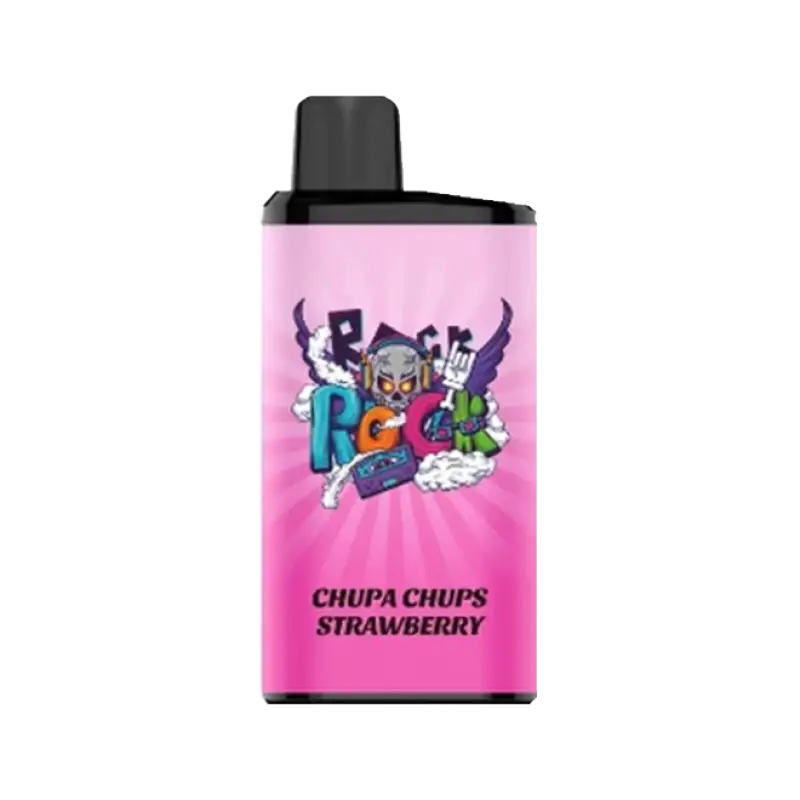 Pink rectangular iget bar pro vape pen with black cap and colorful rock logo for bar pro chup chups strawberry flavor