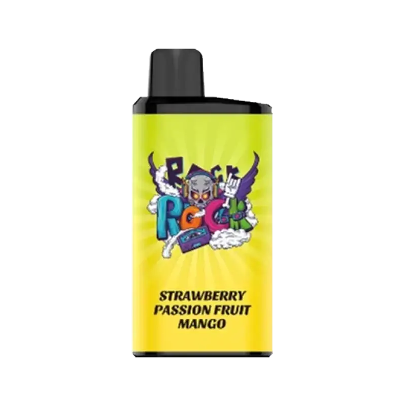 Bright yellow iget bar pro e-liquid bottle with black cap and colorful skull logo labeled strawberry passion fruit mango
