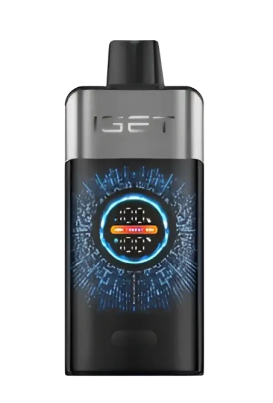 The iget pro vape device in sleek black and silver features a glowing blue and orange display for chups blackberry flavor