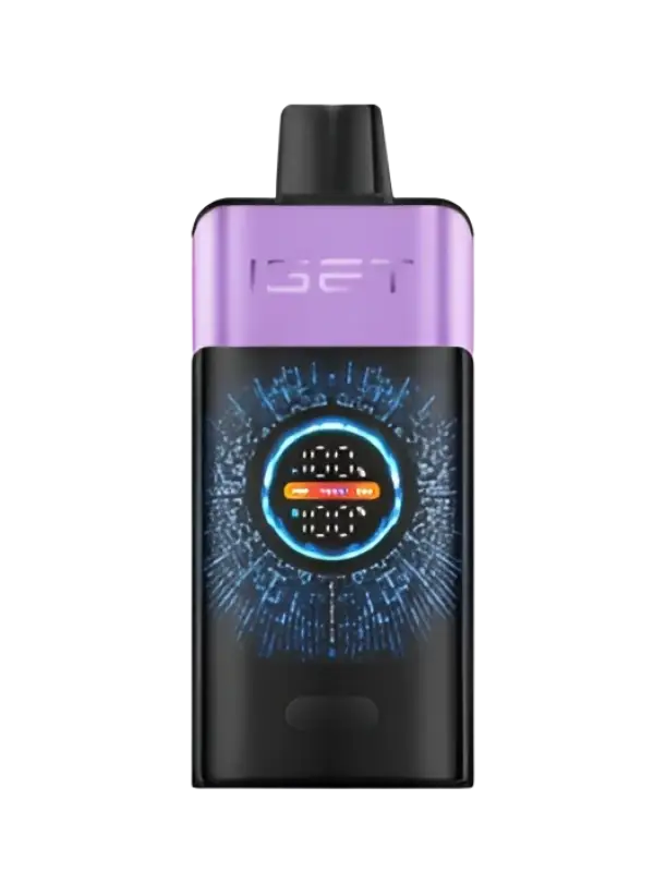 Purple and black iget vape pen with digital display showing battery and wattage for mixed berries ice flavor