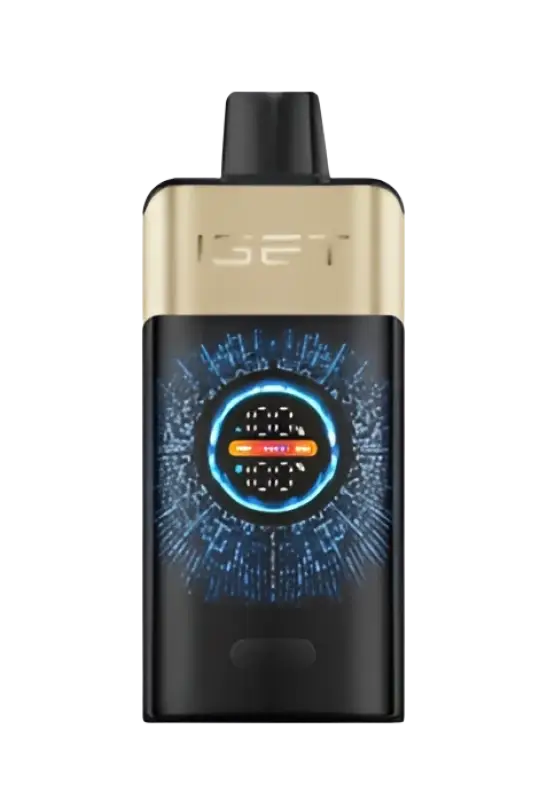 Black and gold iset vape device with a circular blue circuitry display for the iGET One tropical orange monster edition