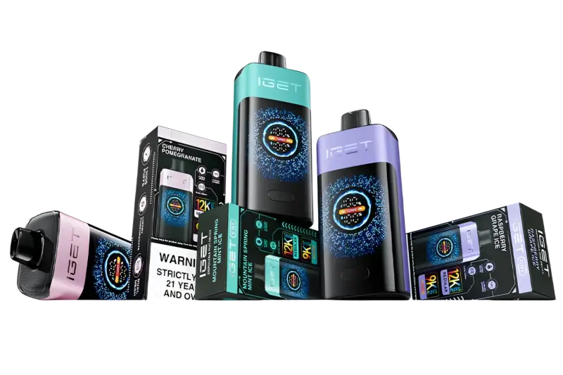 Mix and match 1 iget vapes with sleek black bodies and glowing circular displays in teal purple and pink colors