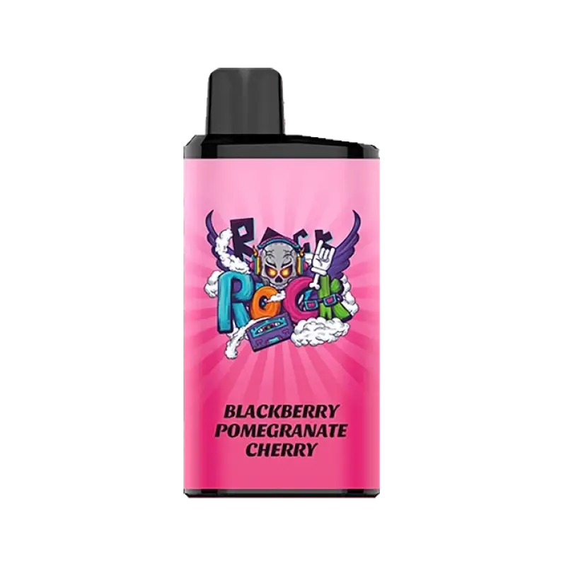 Pink rectangular iget bar pro vape pod with black top featuring colorful graphics and blackberry pomegranate cherry flavor text