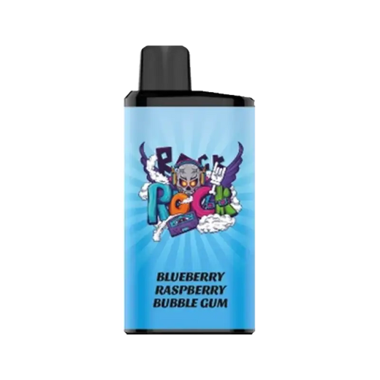 Iget bar pro blueberry raspberry bubble gum vape cartridge with light blue label and cartoon skull rock design