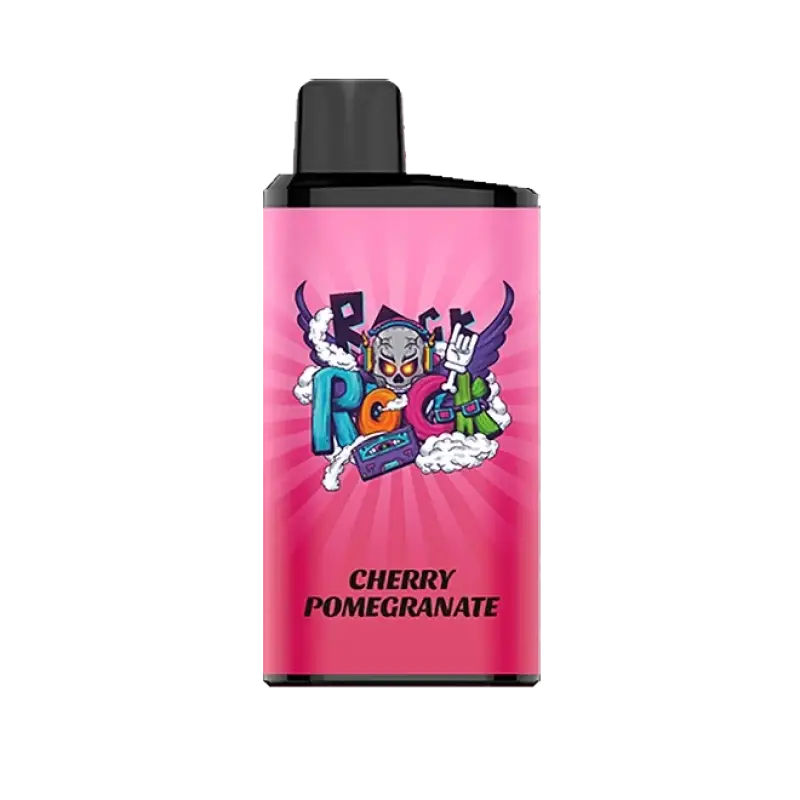 Pink iget bar pro cherry pomegranate vape pen with black top featuring cartoon skull and graffiti-style lettering