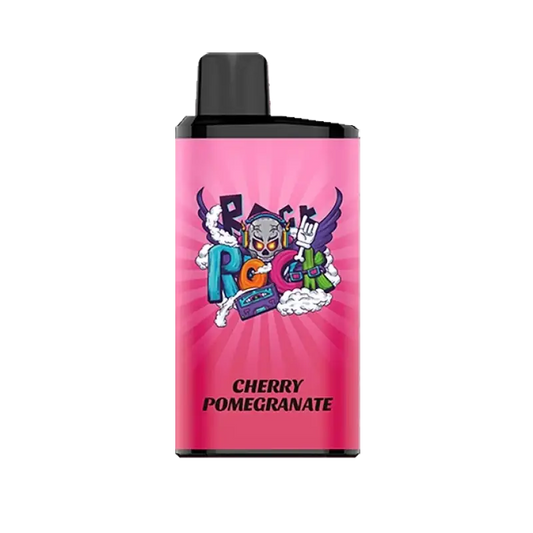 Pink iget bar pro cherry pomegranate vape pen with black top featuring cartoon skull and graffiti-style lettering