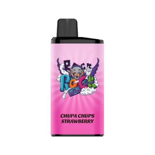Pink rectangular iget bar pro vape pen with black cap and colorful rock logo for bar pro chup chups strawberry flavor