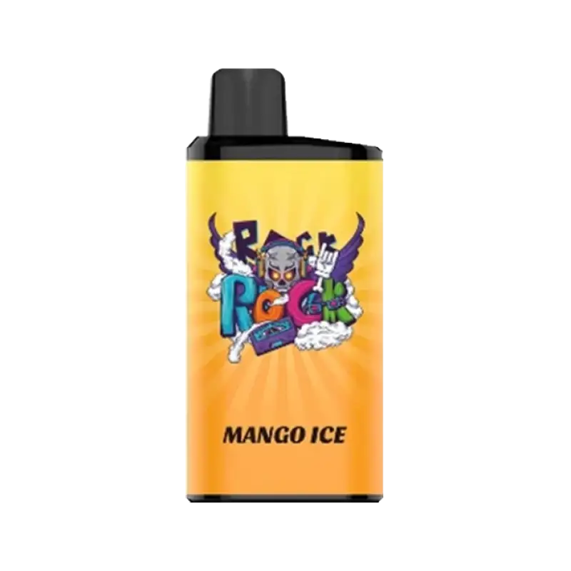 Yellow rectangular iget bar pro vape pen with black cap and colorful rock rock graphic in mango ice flavor