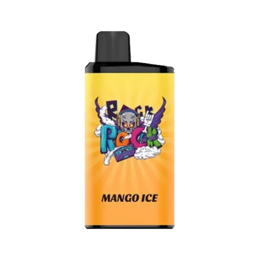 Yellow rectangular iget bar pro vape pen with black cap and colorful rock rock graphic in mango ice flavor