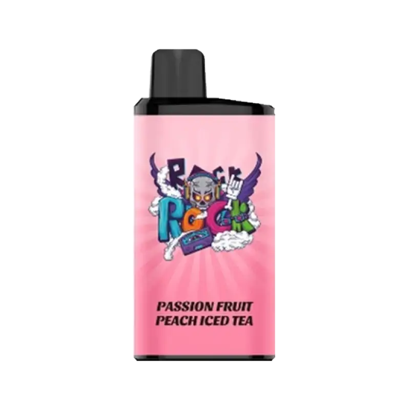 Pink cylindrical iget bar pro vape cartridge with black cap and colorful skull cassette wings graphic passion fruit peach ice tea