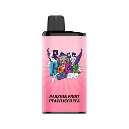 Pink cylindrical iget bar pro vape cartridge with black cap and colorful skull cassette wings graphic passion fruit peach ice tea