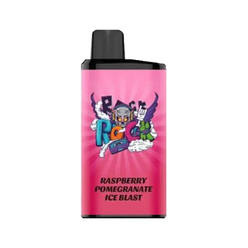 Pink cylindrical vape cartridge with black cap and colorful skull graphic labeled raspberry pomegranate ice blast for IGET Bar Pro Raspberry Pomegranate Ice Blast