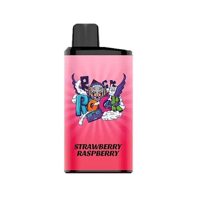 Iget bar pro strawberry raspberry pink rectangular vape pen with black cap and colorful cartoon graphics
