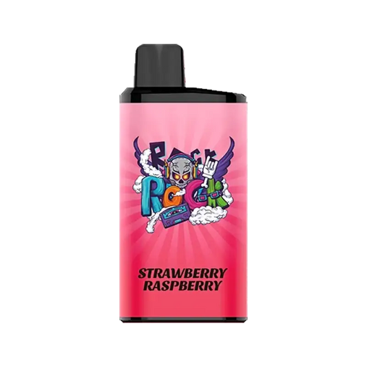 Iget bar pro strawberry raspberry pink rectangular vape pen with black cap and colorful cartoon graphics
