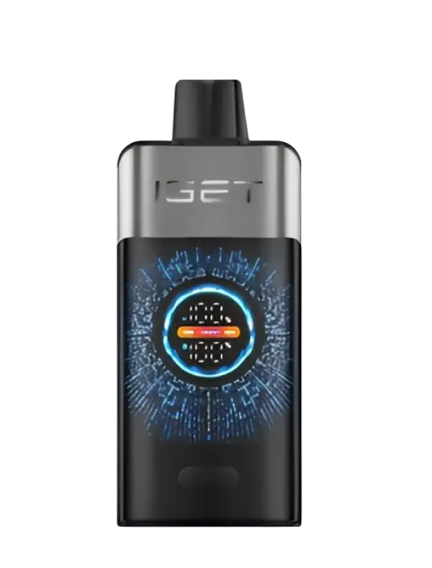 Black and silver iset vape pen with glowing blue digital display for iget one blackberry cherry pomegranate flavor