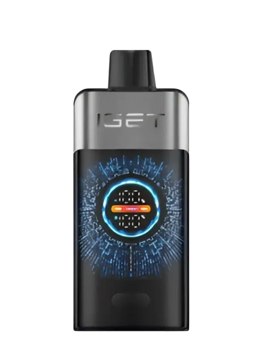 Black and silver iset vape pen with glowing blue digital display for iget one blackberry cherry pomegranate flavor