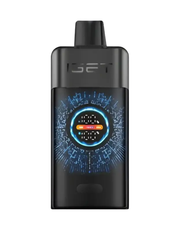 Black iget vapes pen with glowing blue and orange circular display for iget pro blackberry ice flavor