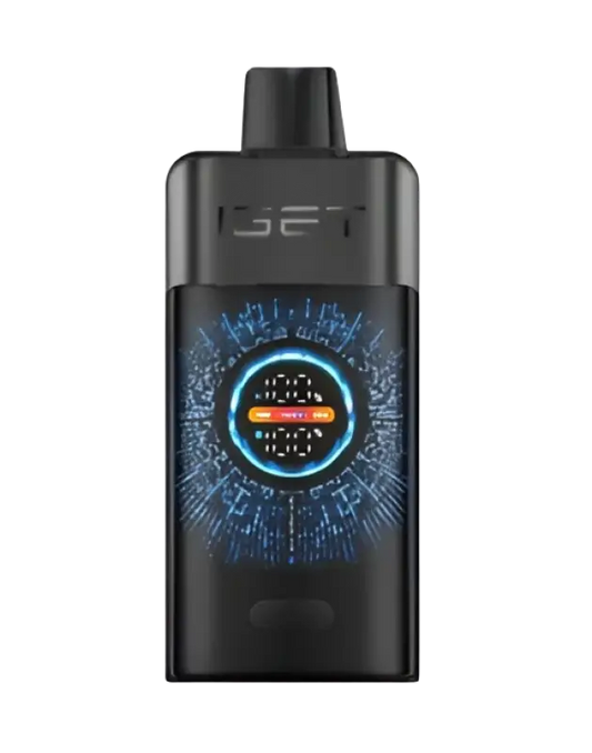 Black iget vapes pen with glowing blue and orange circular display for iget pro blackberry ice flavor