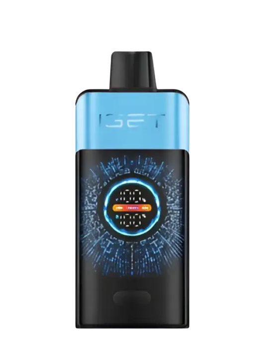 Blue and black iget vape pen with glowing digital display from the iget pro blue monster series