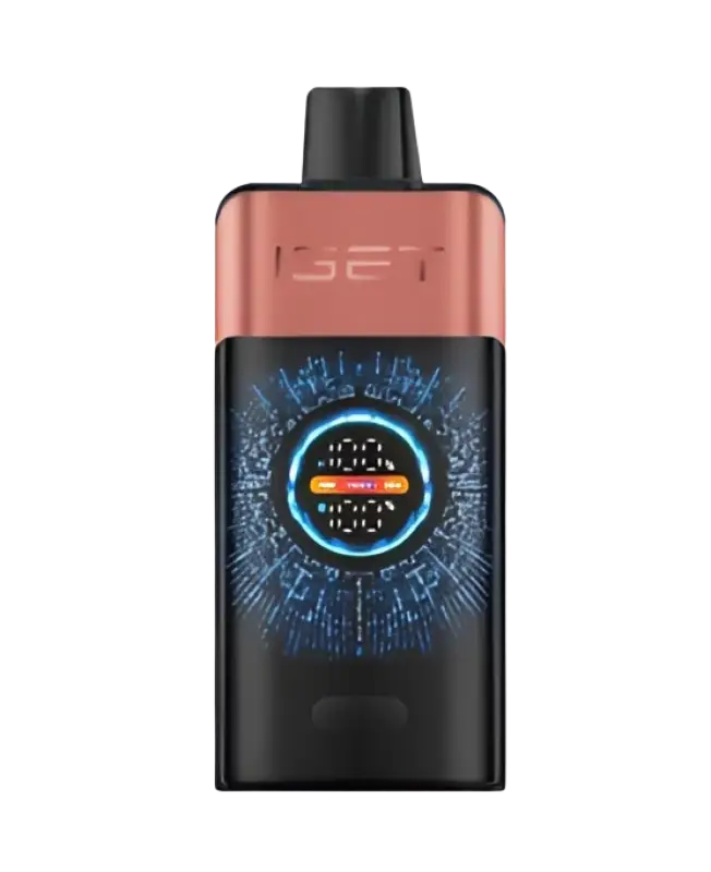 The sleek black and rose gold iget pro vape device with glowing blue digital display features blueberry raspberry flavor