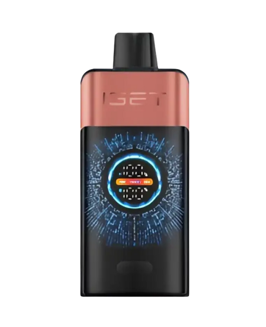 The sleek black and rose gold iget pro vape device with glowing blue digital display features blueberry raspberry flavor
