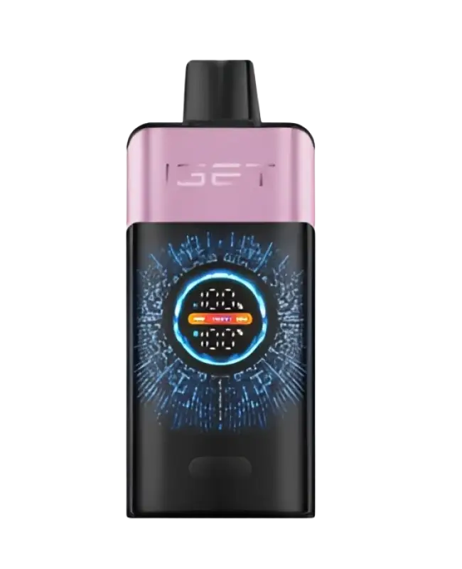 Pink and black iget pro vape pen with glowing blue circular display for cherry pomegranate flavor use case