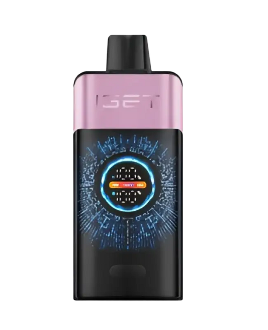 Pink and black iget pro vape pen with glowing blue circular display for cherry pomegranate flavor use case