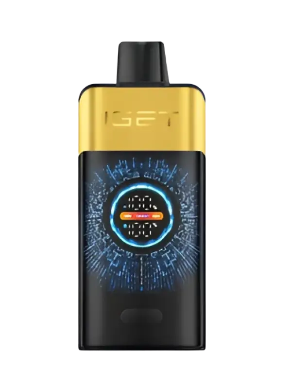 Gold and black iget pro vape pen with glowing blue circular display for kiwi pineapple flavor in iget vapes series