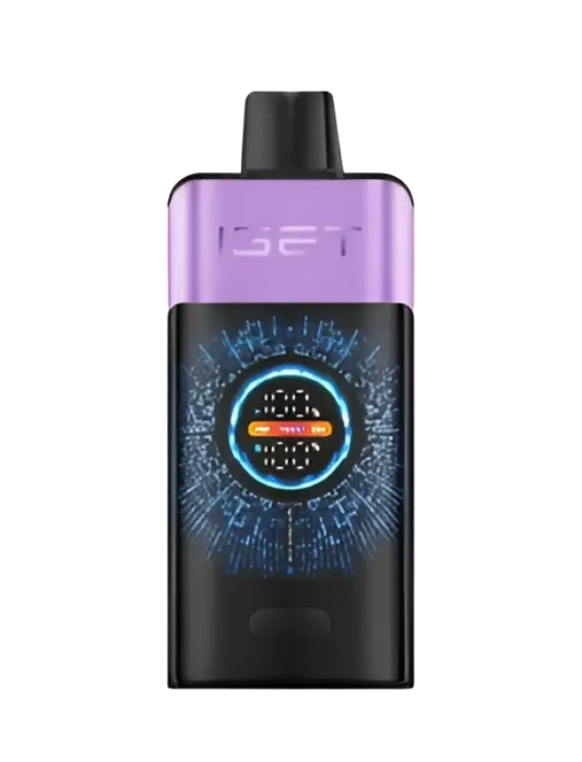 Purple and black iget vape pen with digital display showing battery and wattage for mixed berries ice flavor