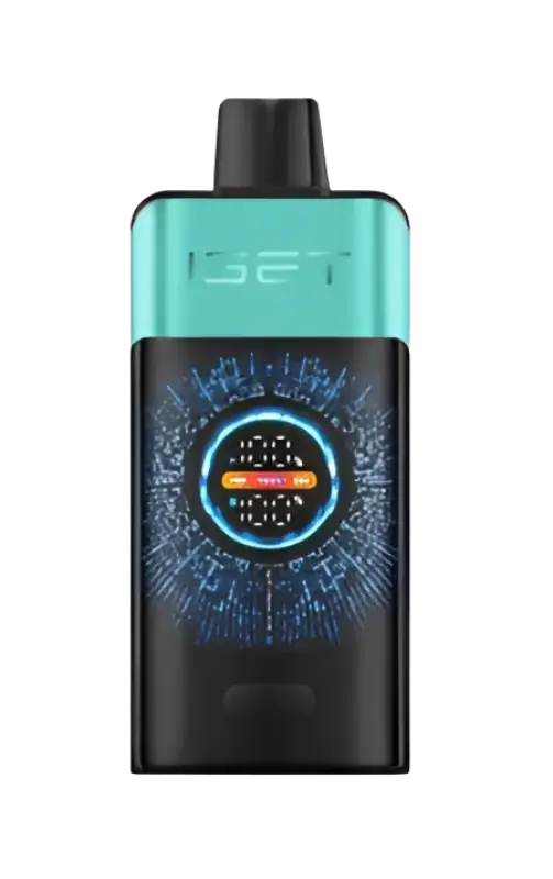 Teal and black iset vape device iget one mountain spring mint ice with circular digital display and mint ice flavor