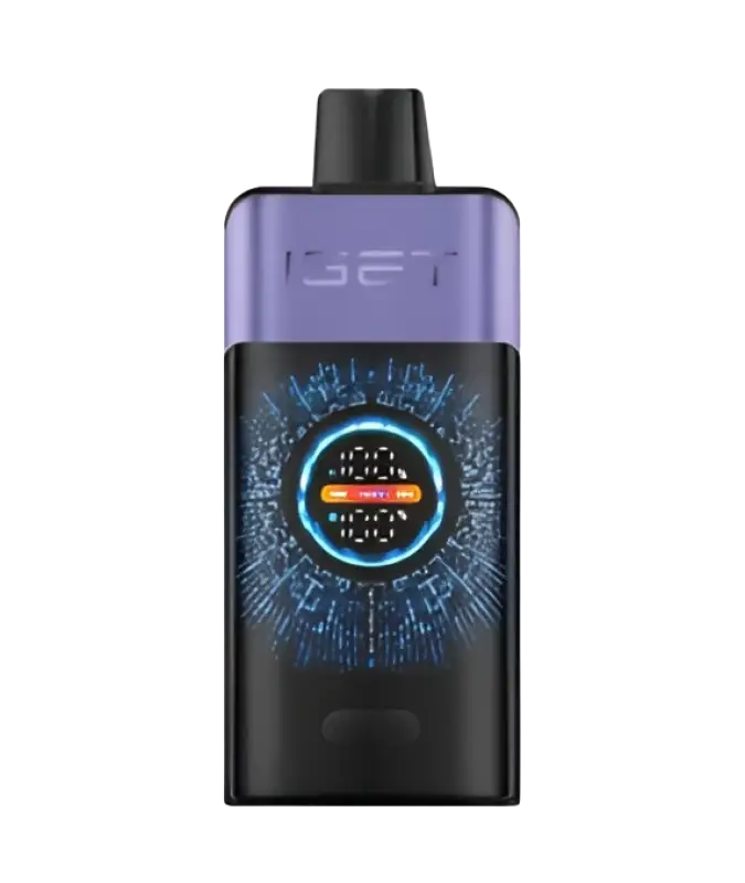 Iset vape pen in purple and black with a glowing blue digital display for raspberry grape ice flavor