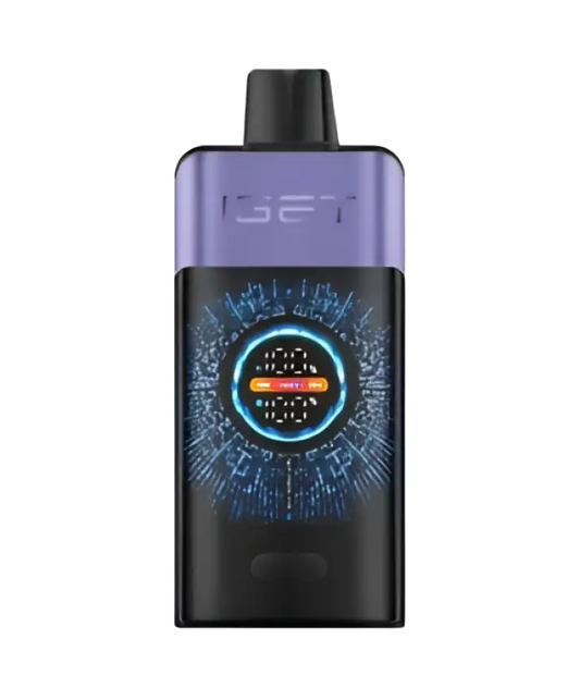 Iset vape pen in purple and black with a glowing blue digital display for raspberry grape ice flavor