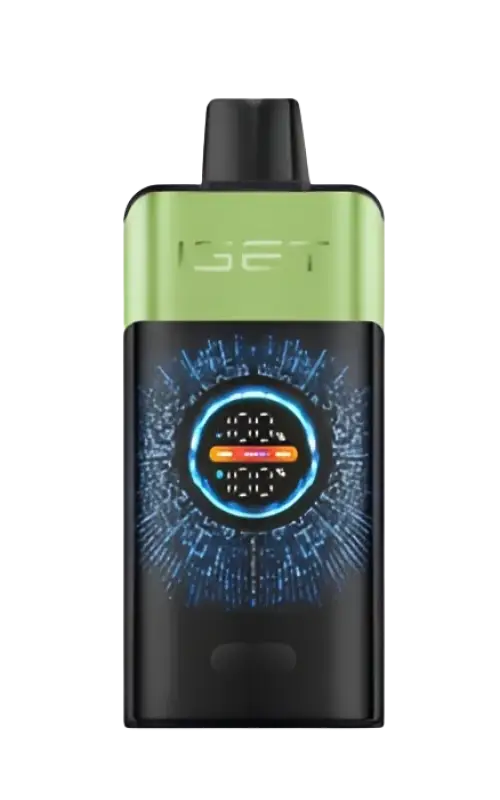 Iget one strawberry kiwi ice vape device with lime green and black design and illuminated circular display with blue patterns