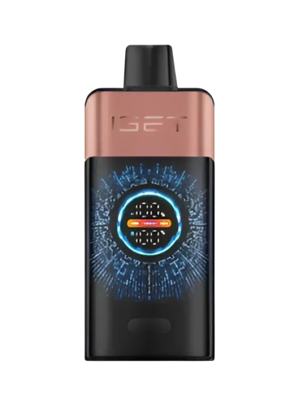 The iget pro black and rose gold iset vape device features a glowing blue digital display with orange accents strawberry raspberry flavor