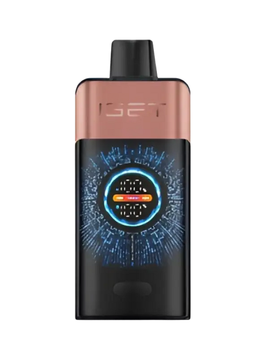 The iget pro black and rose gold iset vape device features a glowing blue digital display with orange accents strawberry raspberry flavor