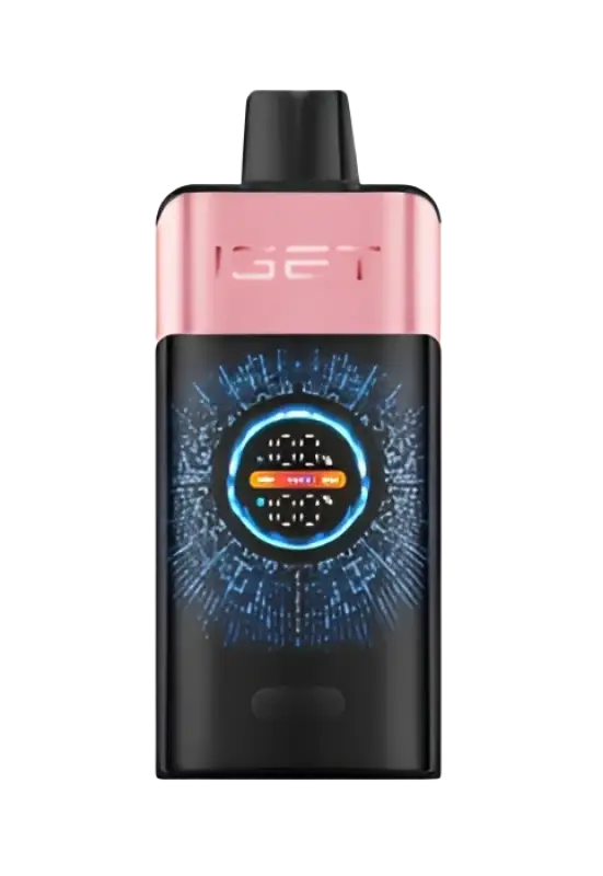 Iset pink and black vape pen with glowing blue digital display for strawberry watermelon ice flavor