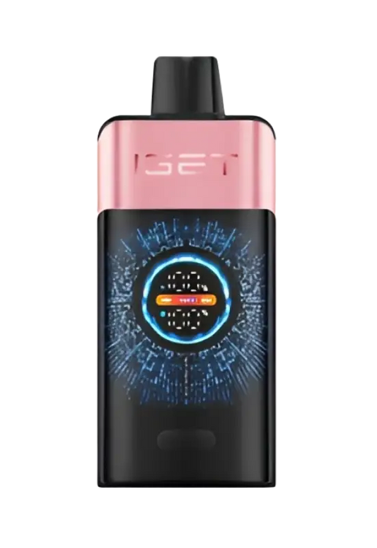 Iset pink and black vape pen with glowing blue digital display for strawberry watermelon ice flavor