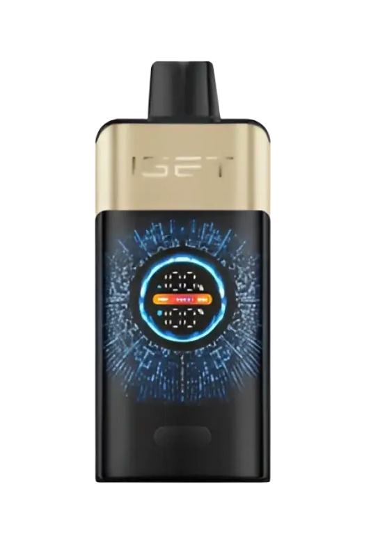 Black and gold iset vape device with a circular blue circuitry display for the iGET One tropical orange monster edition