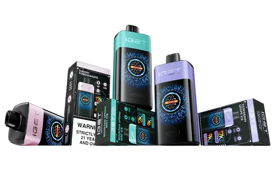 Mix and match 1 iget vapes with sleek black bodies and glowing circular displays in teal purple and pink colors